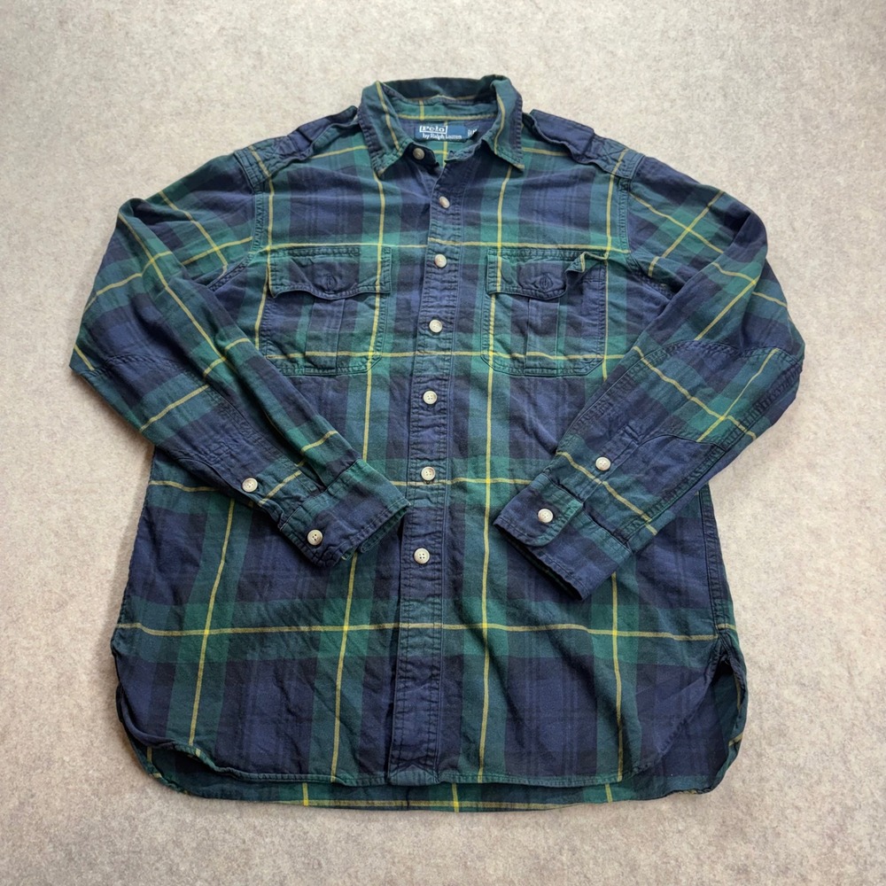 Polo Ralph Lauren Mens Flannel Shirt Medium Green Blue Plaid Epaulettes Preppy